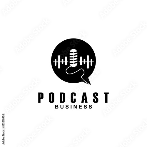 Podcast with microphone. Unique business podcast logo emblem design template.