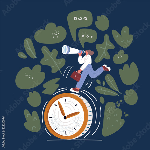 Cartoon vector illustration of woman running with the big clock in her hands. Concept lack of time. Very busy run over dark background.