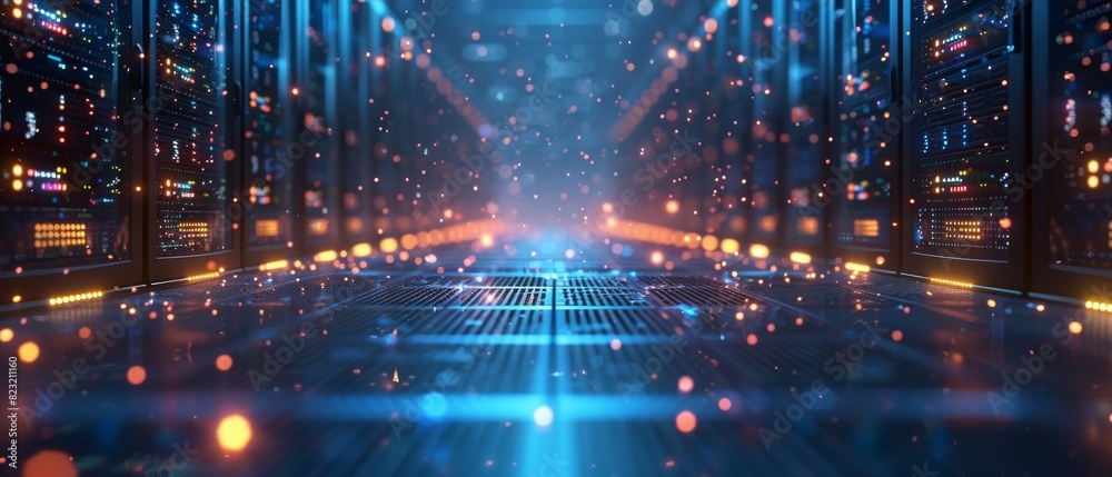 Abstract technology background. Within the data center's expanse, the symphony of server hums orchestrates the complexities of modern life, driving innovation and connectivity.