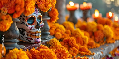 Colorful Day of the Dead altar with marigolds and sugar skull makeup. Concept Day of the Dead Celebration, Altar Decor, Marigold Flowers, Sugar Skull Makeup, Colorful Traditions
