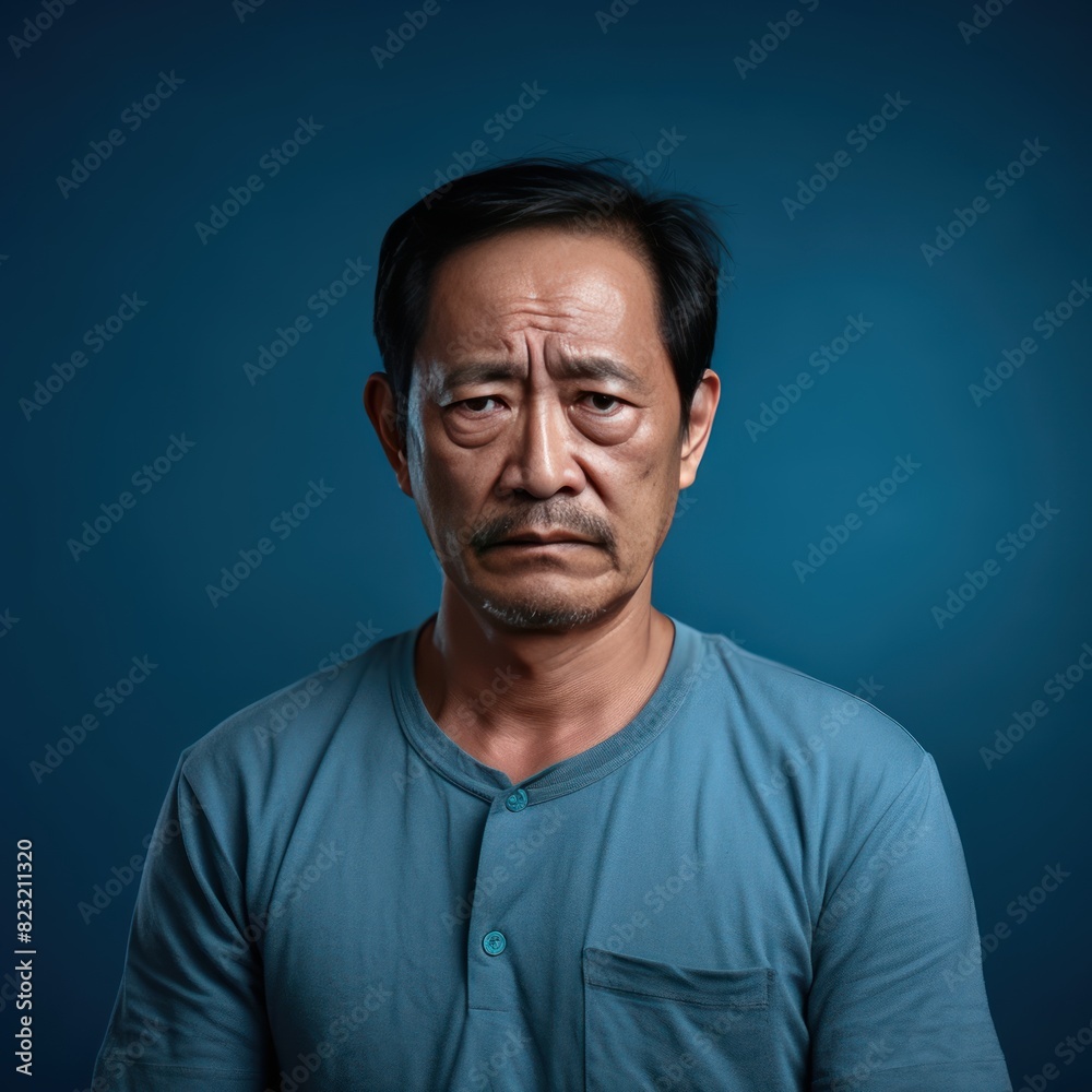 Blue background sad Asian man. Portrait of older mid-aged person beautiful bad mood expression boy Isolated on Background depression anxiety fear burn out health issue problem 