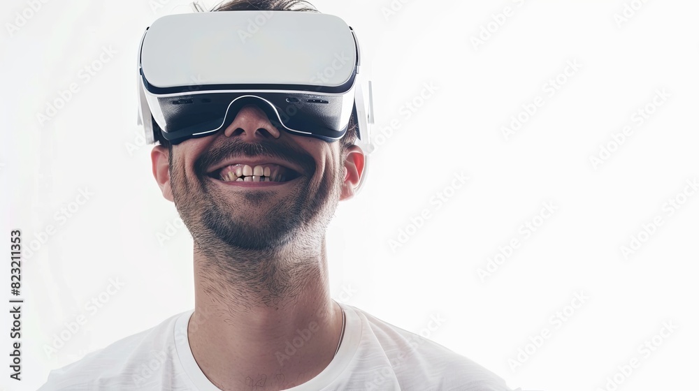 A man joyfully wears virtual reality glasses against a white backdrop, embodying innovation and excitement. Generative AI