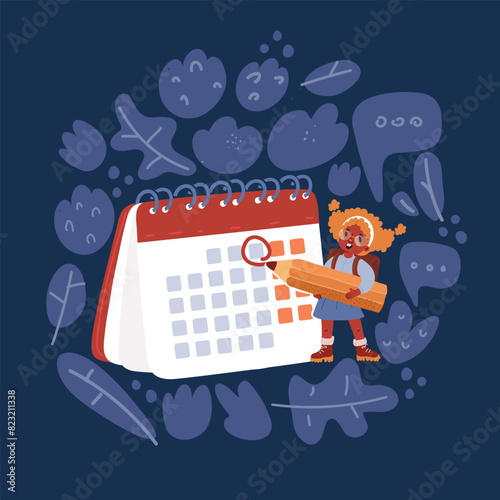 Cartoon vector illustration of little school gril Circle Date on Huge Calendar Planning Important Matter. Time Management, Work Organization and Life Events Notification, Memo Reminder, Work Plan over