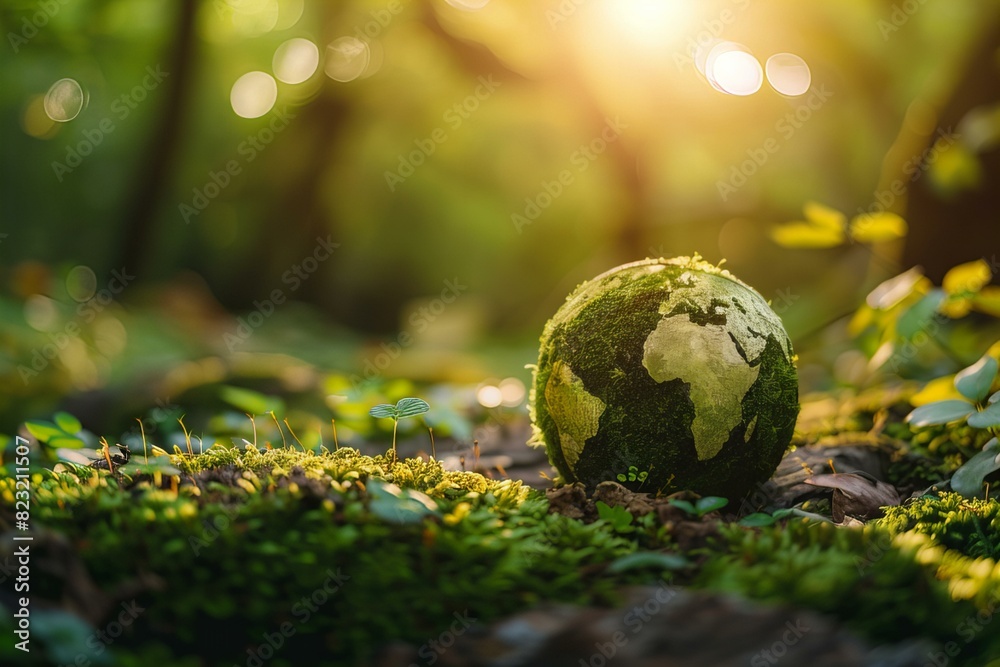 Green globe on lush forest Green globe on lush forest