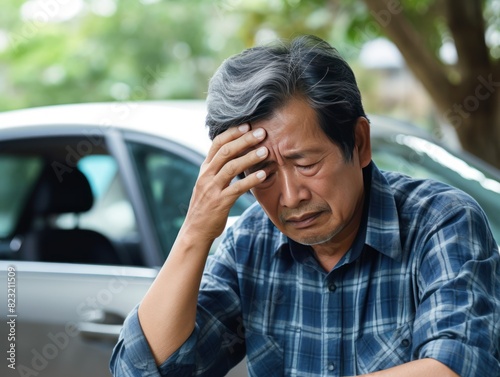 Blue background sad Asian man. Portrait of older mid-aged person beautiful bad mood expression boy Isolated on Background depression anxiety fear burn out health issue problem  © Zickert
