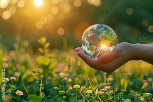 Person holding glass ball field photo