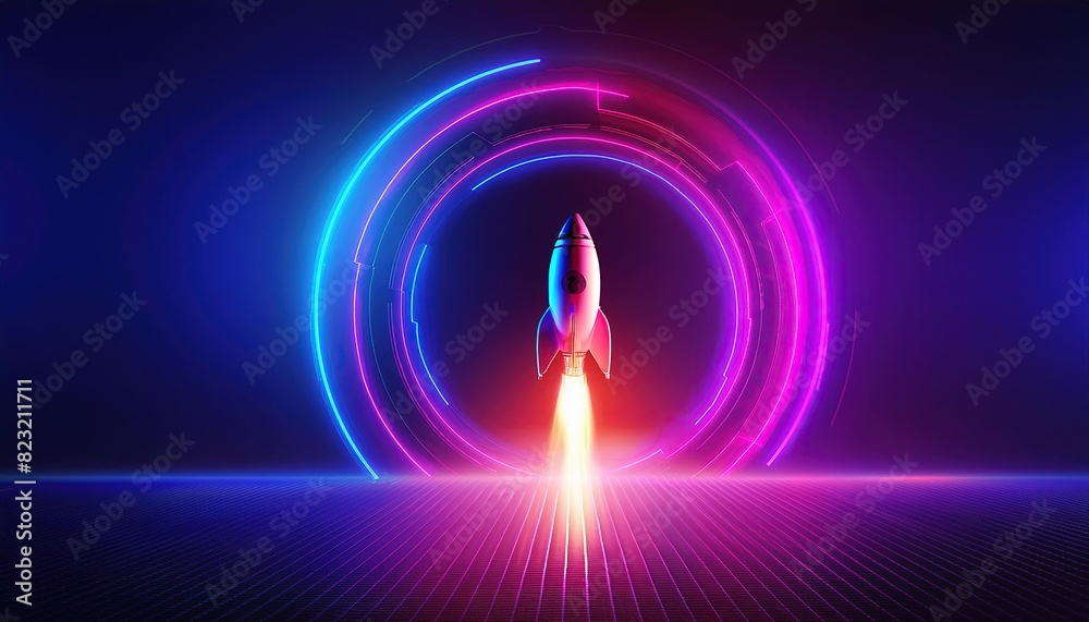 Abstract futuristic background with rocket flight and pink and blue circle neon light. Concept of rapid technological progress. Abstract futuristic background with rocket flight and pink and blue circle neon light. Concept of rapid technological progress.