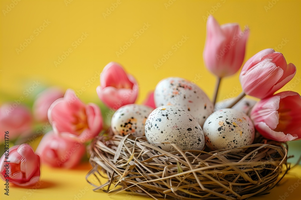 Eggs nest flowers yellow table