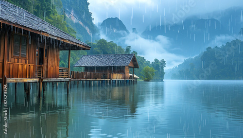 Heavy rain falling on the roof of wooden houses at scenic lake landscape background photo