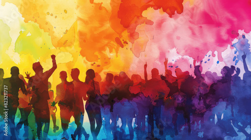 A vibrant watercolor illustration of an LGBT pride parade, with silhouettes of participants mingling and dancing under a sky painted in rainbow shades, evoking a sense of community and freedom