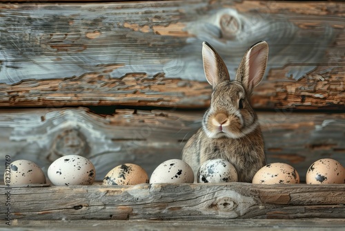 Rabbit sitting eggs next pile photo