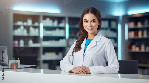 Female Pharmacist Working in a Modern Pharmacy Interior. AI Generative.