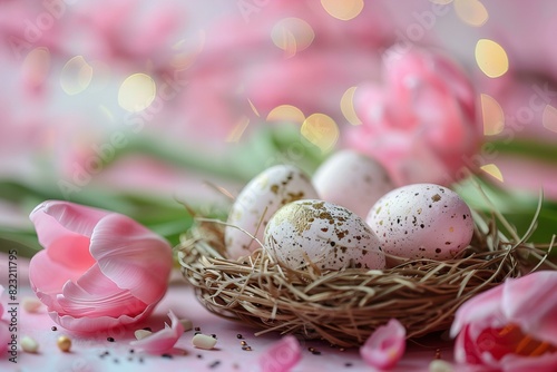Eggs nest pink flowers table