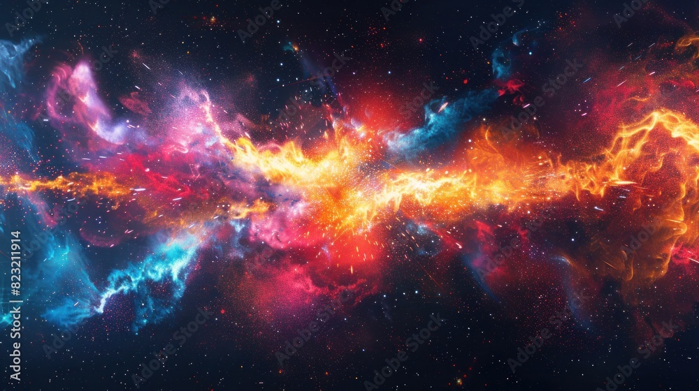 A colorful explosion on a dark space-themed background