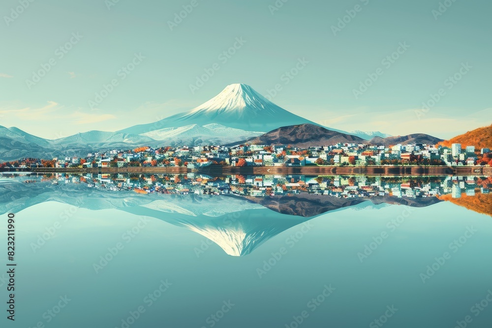 volcano in the middle of the city beautifully reflects the lake surface. volcano in the middle of the city beautifully reflects the lake surface.