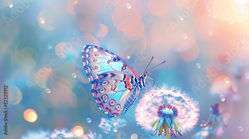 Natural pastel background. Morpho butterfly and dandelion. Generative Ai photo