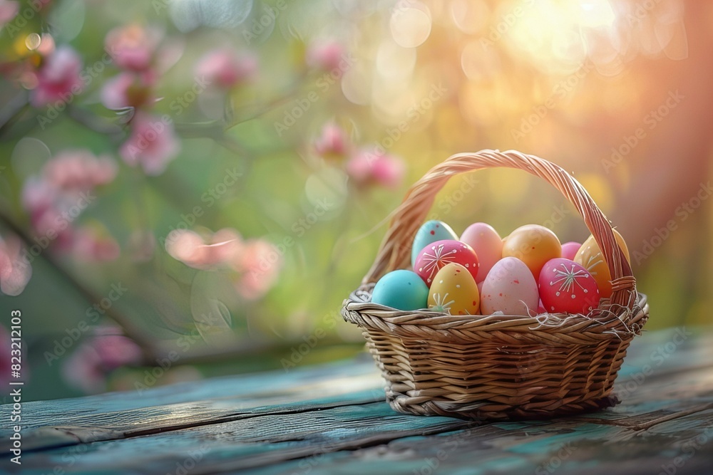 Fototapeta premium Eggs basket on table with tree in background