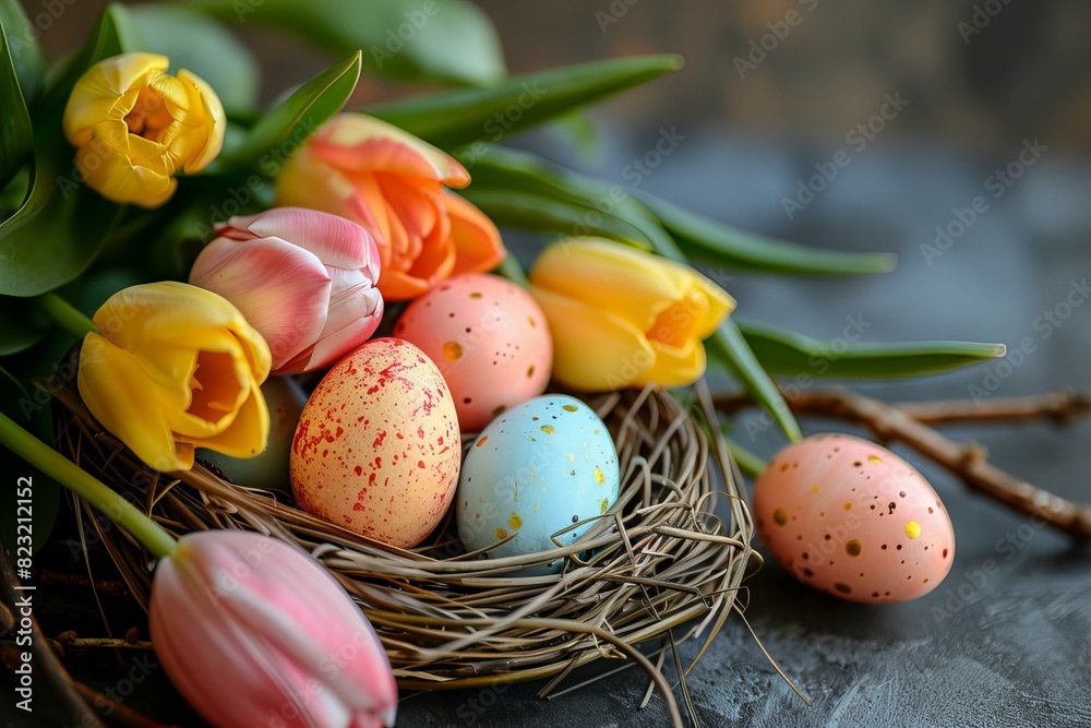 Eggs nest tulips flowers