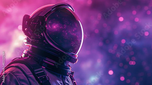 Futuristic man in a helmet, gazing at the cosmos with a glowing purple backdrop