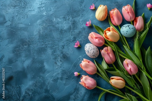 Colored eggs and tulips on blue surface #823212167