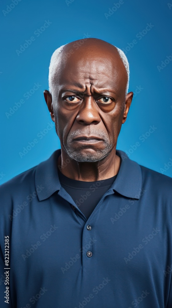 Blue background sad black American independent powerful man. Portrait of older mid-aged person beautiful bad mood expression isolated on background racism skin