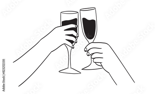 Friends hands hold glass with red, sparkling wine, champagne or other alcoholic drink and cheers drinking toast to friendship or on a date. Vector illustration for greeting cards, postcards, placard.