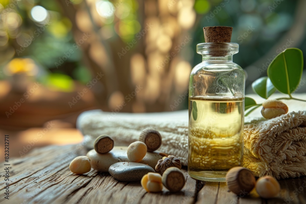 A bottle of macadamia oil, nearby macadamia nuts and massage stones placed on the wooden surface. Spa with light lighting, copy space for text. A bottle of macadamia oil, nearby macadamia nuts and massage stones placed on the wooden surface. Spa with light lighting, copy space for text.