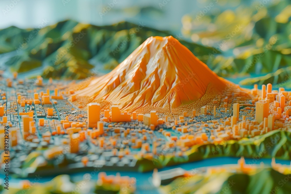 volcano in the middle of the city is filled with tall buildings in model style.