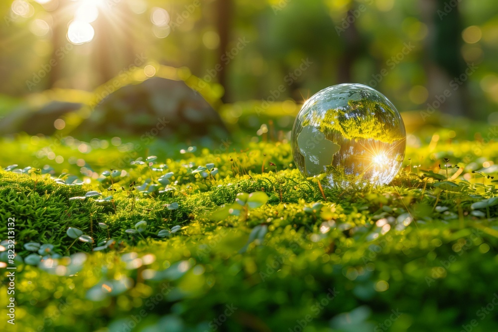 Glass ball on mossy ground in sunlight Glass ball on mossy ground in sunlight