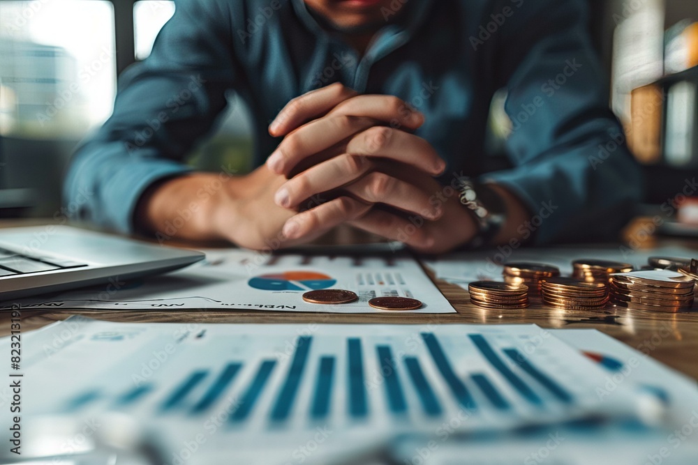 Person working at table with coins and laptop Person working at table with coins and laptop