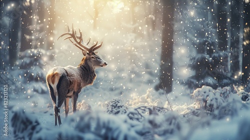 Noble deer male in winter snow forest. Artistic winter christmas landscape. Generative Ai