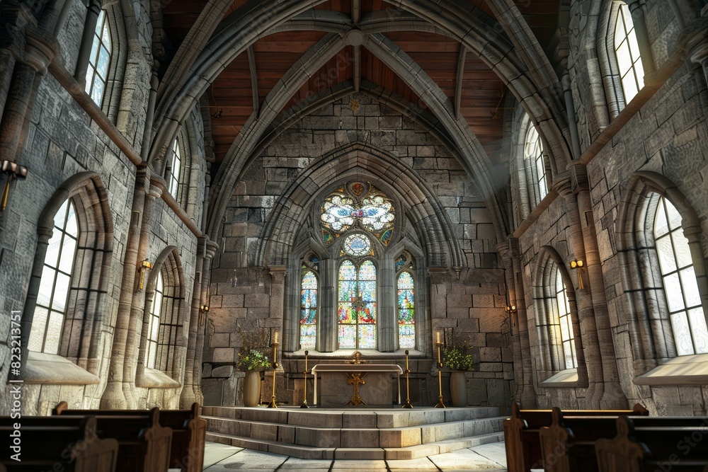 church hall with colorful window arches and a symbol of holiness. church hall with colorful window arches and a symbol of holiness.