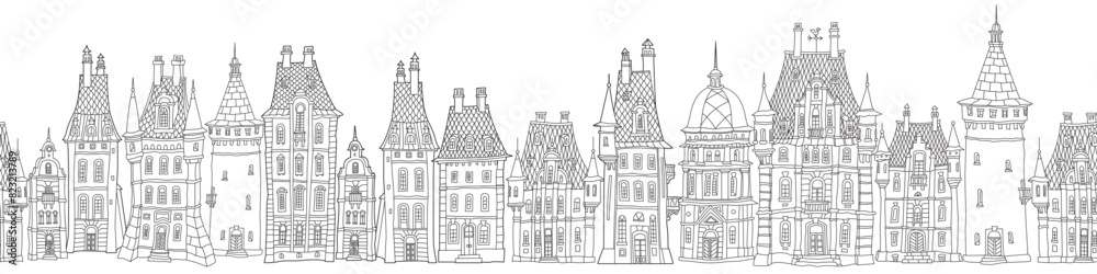 Christmas and New Year seamless border pattern. Fairy tale European houses panorama. Hand drawn black and white sketch