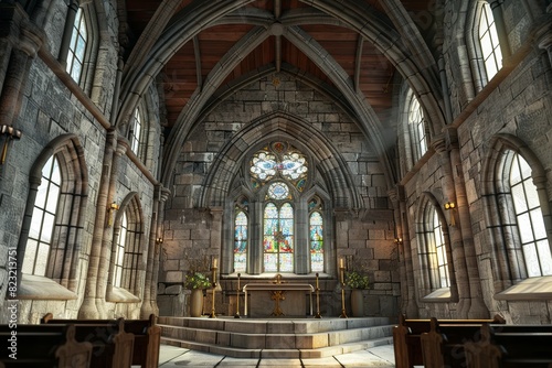 church hall with colorful window arches and a symbol of holiness.