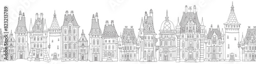 Christmas and New Year seamless border pattern. Fairy tale European houses panorama. Hand drawn black and white sketch