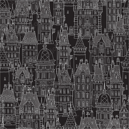 Seamless pattern, Fairy tale castle, old medieval town houses. White doodles on a black background