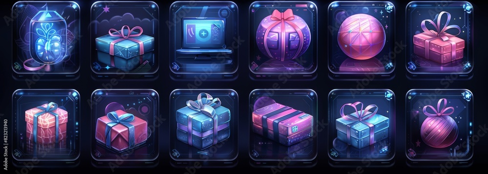 3D icon set of blue and purple icons with a white background, like gift hologram ticket and colorful ribbons 2D illustrations in the style of different artists technologist automatistes tech 3D icon set of blue and purple icons with a white background, like gift hologram ticket and colorful ribbons 2D illustrations in the style of different artists technologist automatistes tech