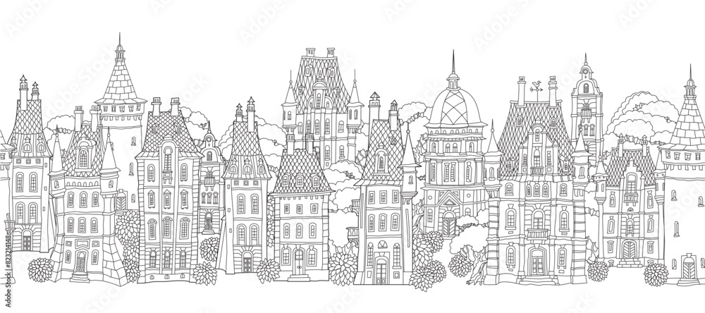 Fairy tale European houses street panorama for coloring book page. Hand drawn Christmas and New Year seamless border pattern