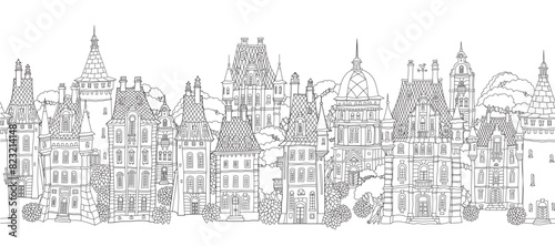 Fairy tale European houses street panorama for coloring book page. Hand drawn Christmas and New Year seamless border pattern
