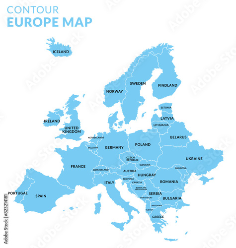 Mapa Europy z granicami nazwami państw z białym konturem i niebieskim wypełnieniem