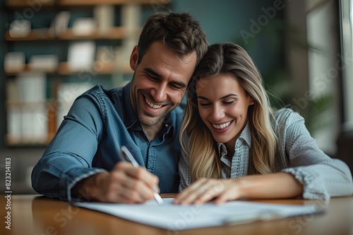 Happy couple at table pen notebook