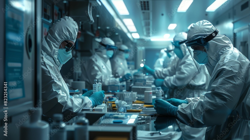 Scientists in full protective gear work diligently in a high-tech laboratory, focusing on advanced research and safety protocols.
Scientists in full protective gear work diligently in a high-tech laboratory, focusing on advanced research and safety protocols.
