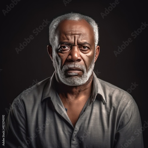 Brown background sad black American independent powerful man. Portrait of older mid-aged person beautiful bad mood expression isolated on background racism skin © Zickert