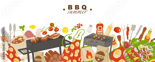 Bright wallpaper with a set of barbecue items. Empty space for text. Elements for modern packaging design or advertising for summer meat party. Vector illustration isolated on transparent background.