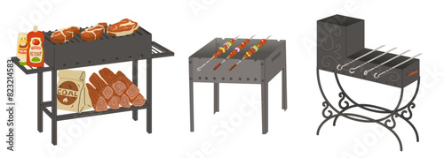 Three types of grills for cooking over a fire. Grill grate and barbecue for frying on skewers. Elements for a summer barbecue party. Vector illustration isolated on transparent background.