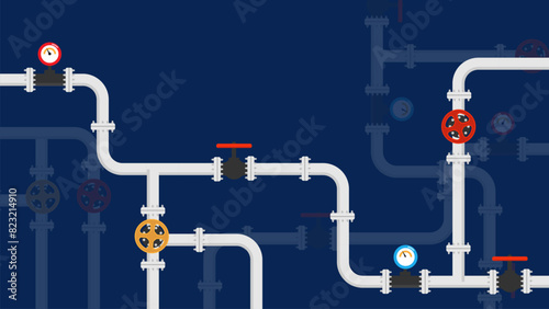Industrial background with pipeline. Oil, water or gas pipeline with fittings and valves	