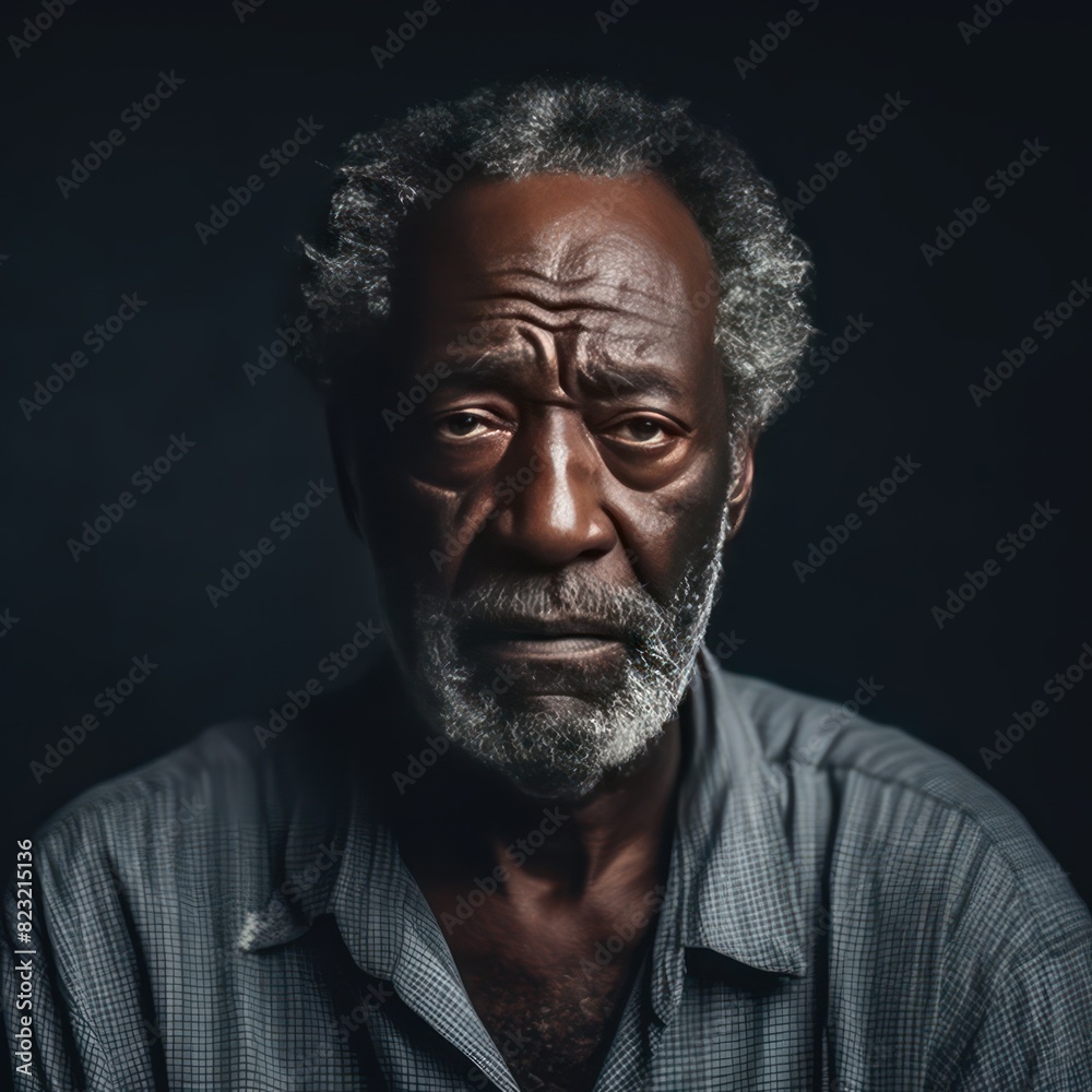 Charcoal background sad black American independent powerful man. Portrait of older mid-aged person beautiful bad mood expression isolated on background