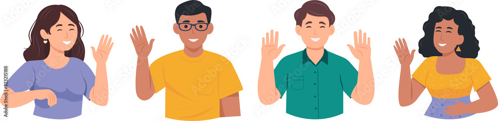 Friendly men and women saying hello and waving with hand. Hi or bye gesture. Happy people greeting and welcoming smb. Colored flat vector illustration isolated on white background Friendly men and women saying hello and waving with hand. Hi or bye gesture. Happy people greeting and welcoming smb. Colored flat vector illustration isolated on white background