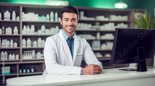 Male Pharmacist Working in a Modern Pharmacy Interior. AI Generative. © martinez80
