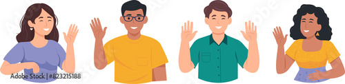 Friendly men and women saying hello and waving with hand. Hi or bye gesture. Happy people greeting and welcoming smb. Colored flat vector illustration isolated on white background